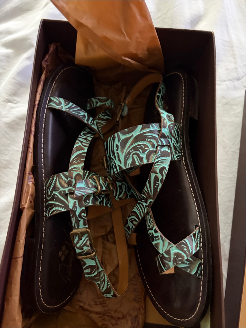 Patricia Nash Brown Leather Sandals with Turquoise Paisley Straps